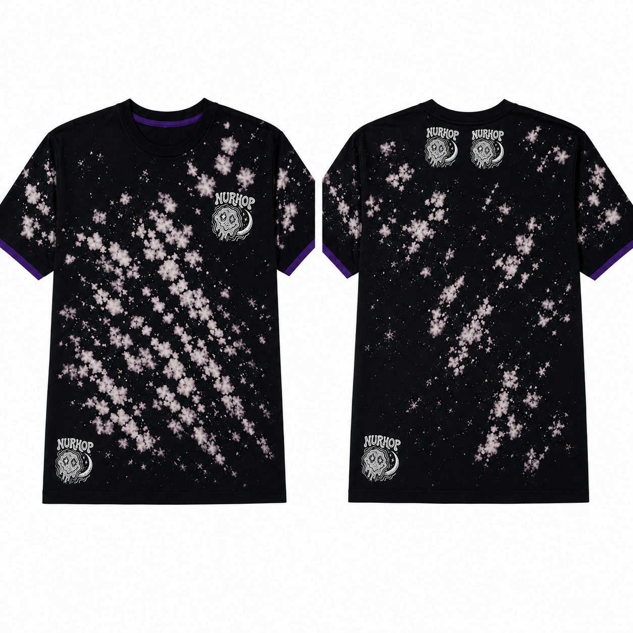 Vintage 80s double-seamed Nurhop tee with bleach tie-dye and scattered Nurhop logos, front and back